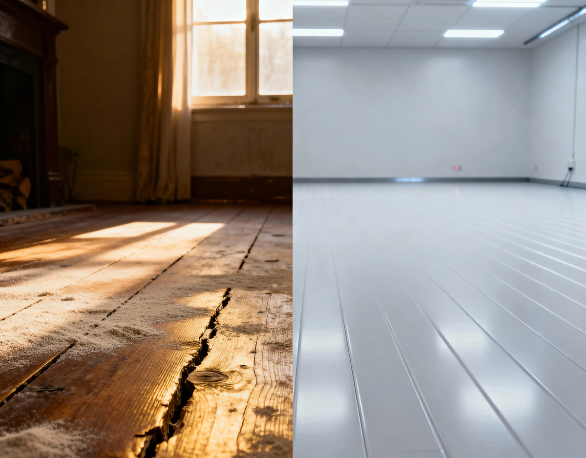 Между скрипом и тишиной. 📏 Мы заменили упругое, дышащее дерево, помнящее шаги поколений, на бесшумный, идеально тёплый контур, который помнит только заданную температуру.