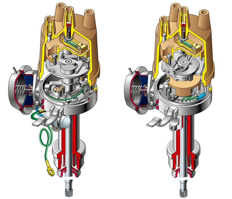 Распределители слева контактной, и справа бесконтактной, систем зажигания.