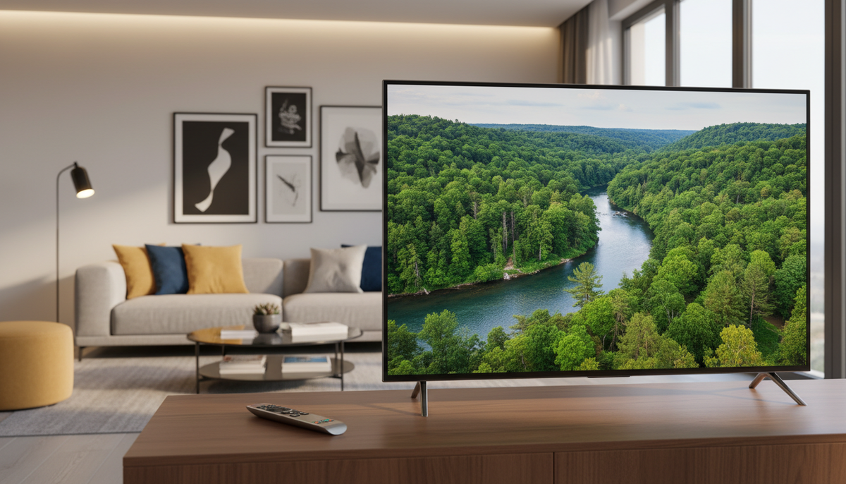 Телевизор Samsung UE43F6000FUXRU (2025) со светодиодной подсветкой smart TV занимает видное место в современной гостиной. Телевизор имеет лаконичный минималистский дизайн с ультратонкими рамками и глянцевым покрытием, благодаря чему на ярком экране в ярких красках отображаются пейзажи природы. На переднем плане стильный пульт дистанционного управления рядом с телевизором создает дополнительную атмосферу. Центральное место занимают современный диван с уютными подушками, элегантный журнальный столик и рассеянное освещение, создающее теплую, располагающую атмосферу. На заднем плане - стена, украшенная произведениями искусства, выполненными со вкусом, и мягкое освещение. Естественный солнечный свет проникает через большое окно, усиливая яркость комнаты. Общая атмосфера непринужденная и утонченная, отражающая современные тенденции в сфере домашних развлечений, без каких-либо надписей или фирменного стиля.