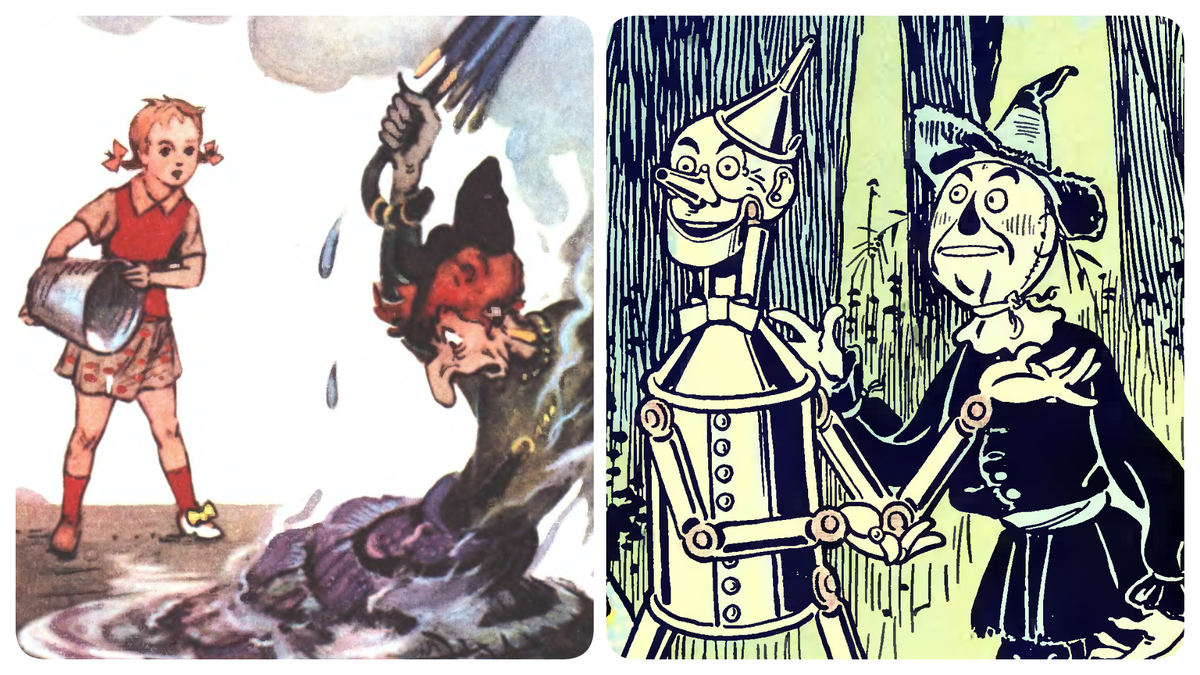 Слева - иллюстрация из книги "Волшебник Изумрудного города" А. Волкова (художник - Л. Владимирский), справа - из первого издания "Удивительного волшебника из страны Оз" Ф. Баума (художник - У. Денслоу)