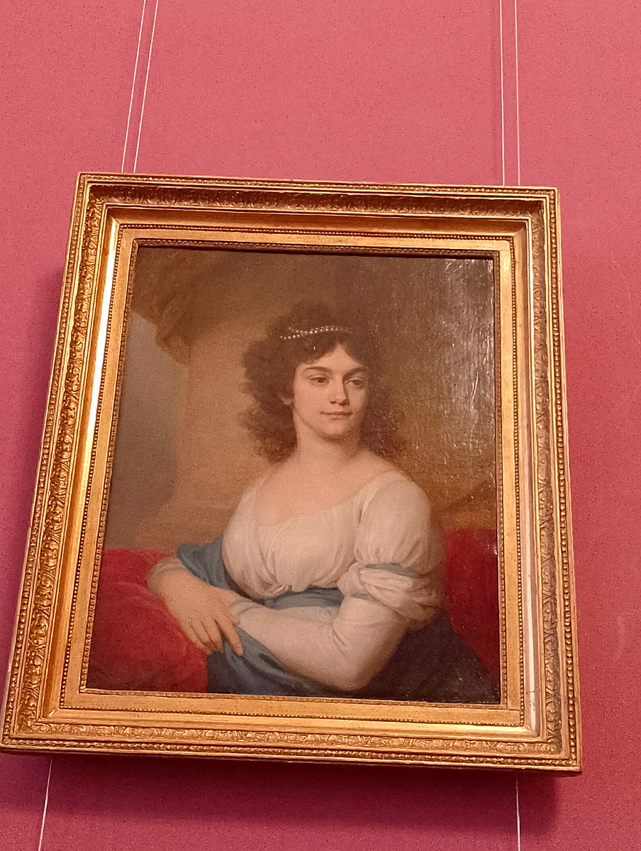 Картина Владимира Боровиковского. Портрет неизвестной в белом платье с голубым поясом. Конец 1790-х.