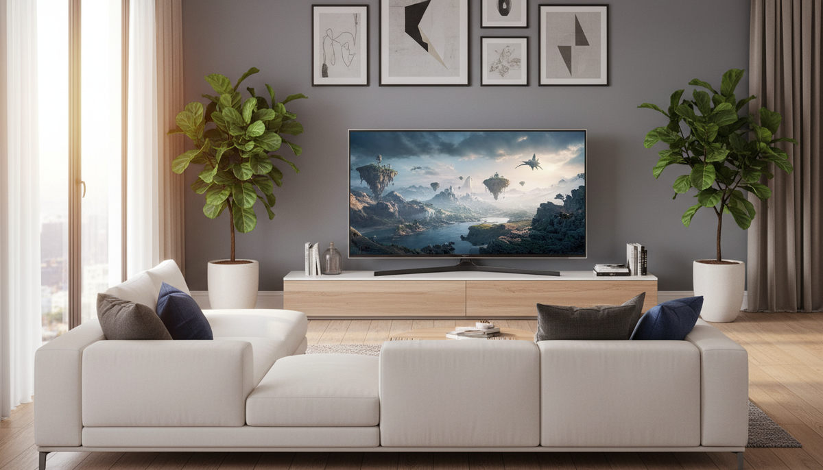 Элегантный и современный телевизор Samsung UE65U8000FUXRU со светодиодной подсветкой будет уместен в стильной гостиной. Ультратонкий корпус телевизора блестит при мягком рассеянном освещении, демонстрируя яркие цвета и четкие детали на экране. На переднем плане минималистичный деревянный развлекательный центр, дополненный декоративными растениями, создает современную атмосферу. Посередине перед телевизором установлен удобный диван, приглашающий зрителей насладиться впечатляющими визуальными эффектами. На заднем плане - стена, со вкусом украшенная произведениями искусства, создающими уютную атмосферу. Сцена освещена теплым естественным светом, проникающим через окно, что создает уютную и в то же время утонченную атмосферу. Это изображение, снятое под небольшим углом, чтобы передать всю суть телевизора и его окружения, подчеркивает ключевые особенности модели Samsung как центрального элемента современных домашних развлечений.