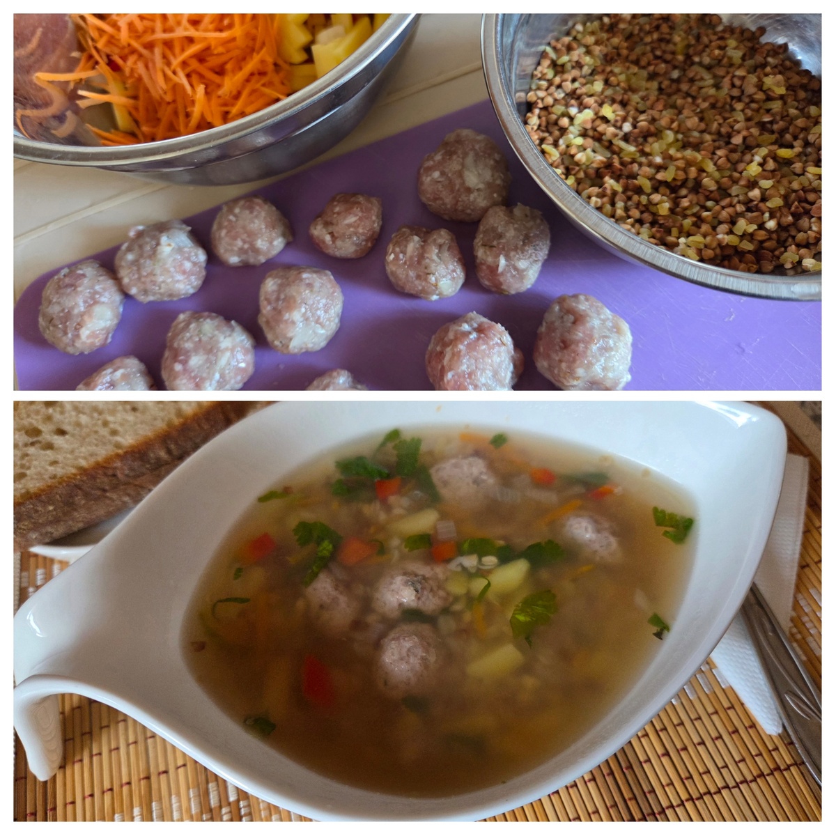 Фарш в холодильнике разморозился, в шарики добавила лук, соль, специи, немного холодной воды. Так они получаются ароматнее и сами по себе вкуснее.