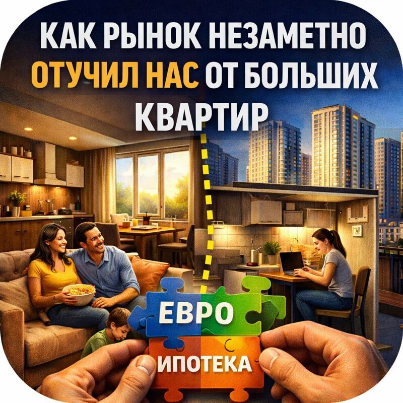 Большие квартиры не исчезли за один день. Их аккуратно вытеснили более компактные форматы, объяснив это удобством, современностью и доступной ипотекой. На иллюстрации — наглядный конфликт старой нормы и новой реальности рынка недвижимости.