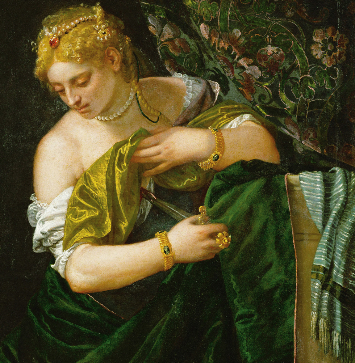 ВЕНЕЦИАНСКИЙ ЗЕЛЕНЫЙ
В XVI столетии венецианская живопись достигла вершин мастерства в работе с цветом. Среди плеяды талантливых художников, чьи полотна сияли богатством оттенков, особенно выделялись Джорджоне и Веронезе, чья палитра зелени была поистине виртуозной. Иронично, что знаменитый «зеленый веронезе», столь ассоциирующийся с их эпохой, на самом деле является продуктом более поздней эпохи – синтетическим пигментом (арсенатом меди), появившимся лишь в XIX веке.
Паоло Веронезе, «Самоубийство Лукреция», ок. 1583. Вена, Музей Кунстхисторишей.