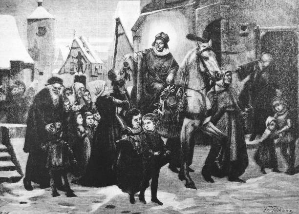 Святой Николай или Синтерклаас едет по улицам в красной епископской мантии и митре, раздавая подарки послушным детям, около 1600 года. Голландцы отмечают канун дня Святого Николая или Sinterklaasavond  5 декабря. Гравюра XIX века по старинной голландской гравюре Фр. Тушауса.