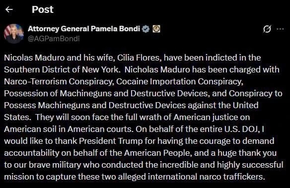   Пост Памелы Бонди в соцсети