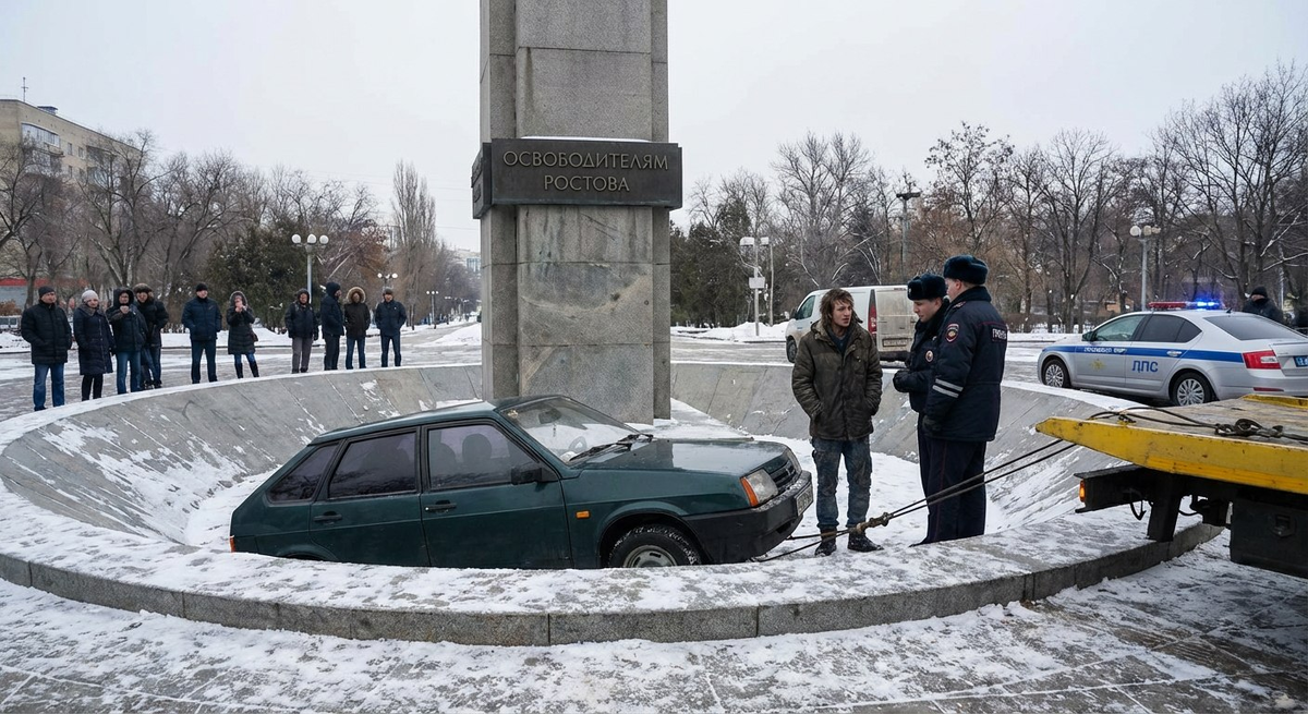 Пьяный водитель без прав заехал в чашу мемориала «Освободителям Ростова»
