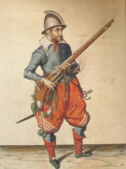 К XVII веку пороховое оружие стало относительно распространенным. На картинке изображен мушкетер, держащий в руках одно из такого рода ружей.