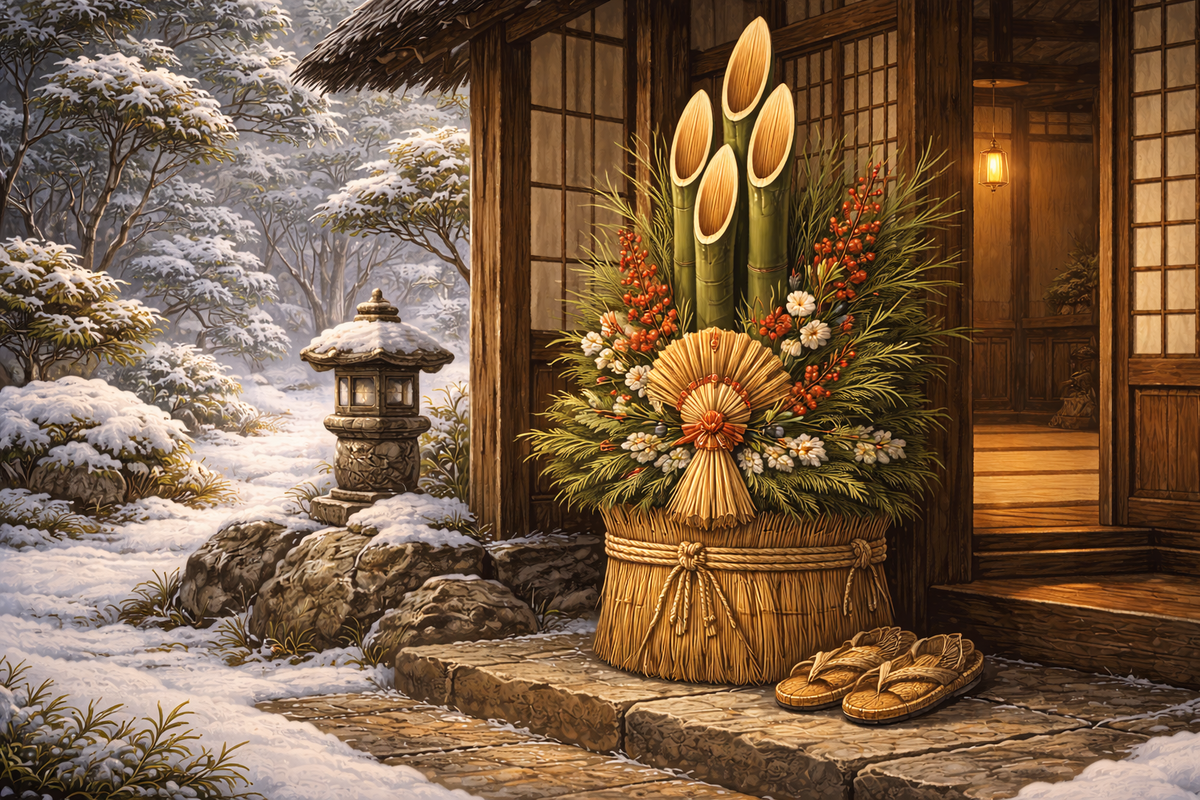 Кадомацу — композиции из сосны и бамбука, символизировавшие долголетие, стойкость и воинскую добродетель