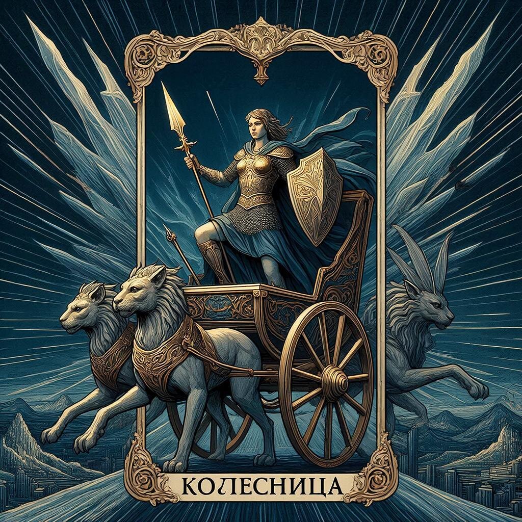 Стилизованное изображение 7-го Аркана (Колесница) в новом прочтении. Создано искусственным интеллектом GigaChat