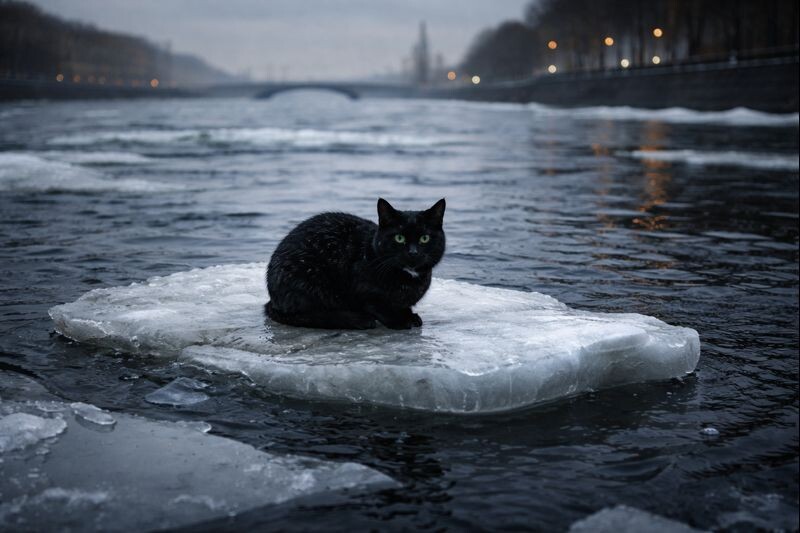 Чёрный кот на льдине