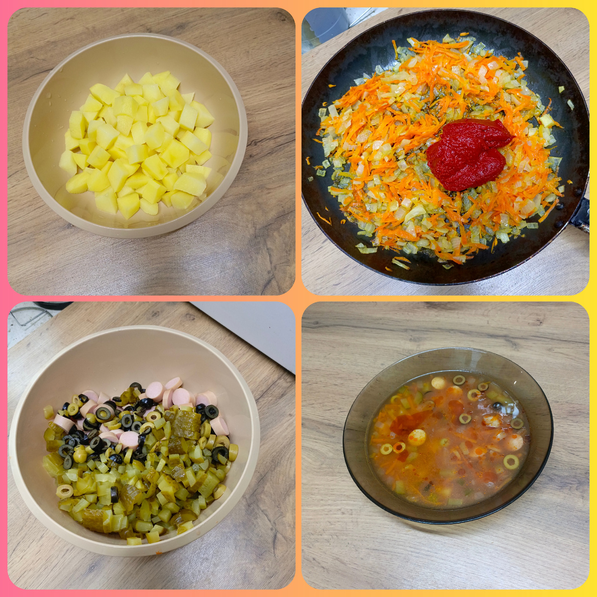 Готовить буду на тушенке, у меня 500-граммовая баночка. Огурцы, сосиски, маслины и оливки (оставшиеся с новогоднего стола), картошку — нарезала. Сделала зажарку с луком и морковью, всё это дело потушила с томатной пастой. Картошка сварилась, закинула все остальные ингредиенты. Проверила, 15 минут в конце добавила соль, перец и 4 кусочка лимона.