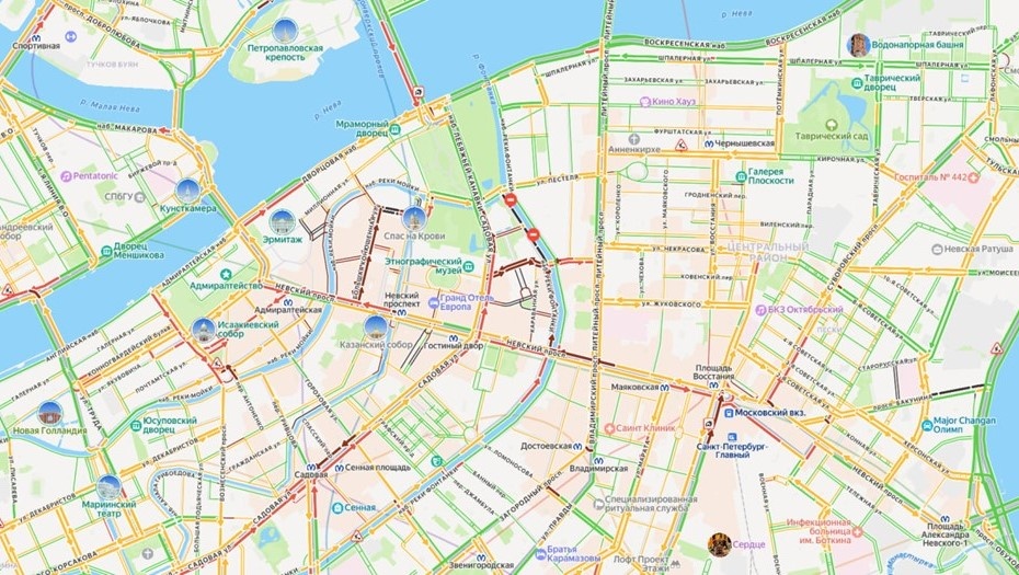    Пробки в центре Петербурга 3 января 2026 года Автор фото: Яндекс Карты