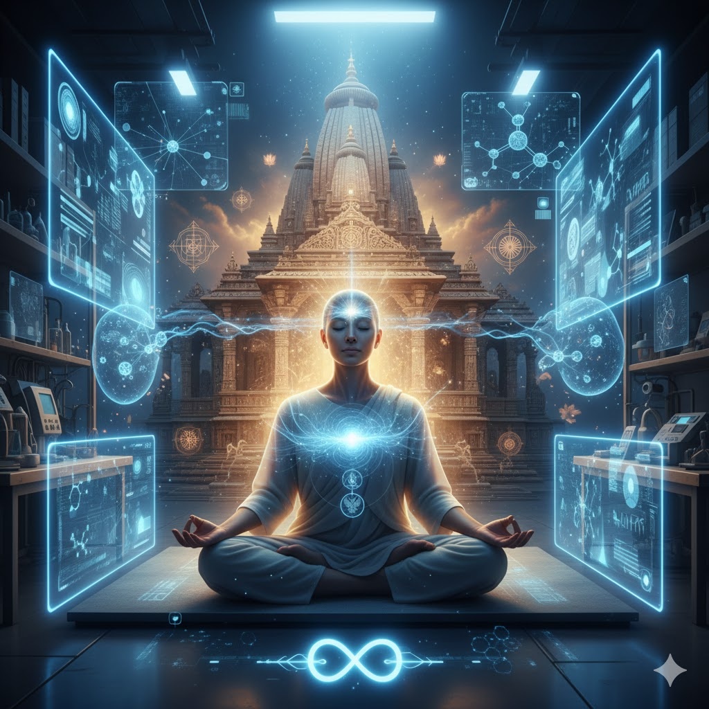 "Синтез познания: Российская наука и вековая мудрость Индии", иллюстрация создана сетью Джемини