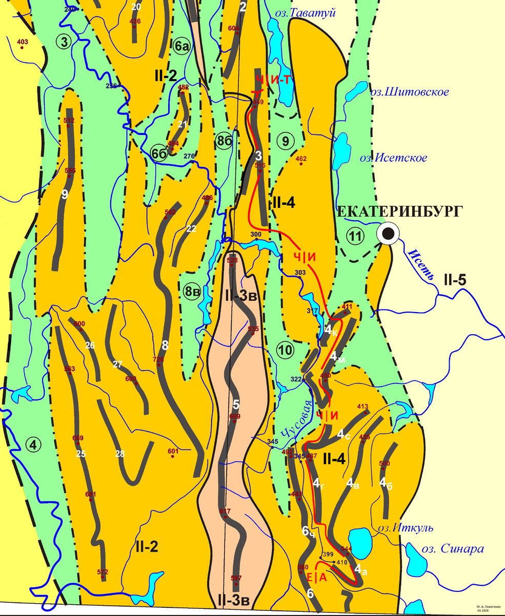 Выкопировка из обзорной геоморфологической схемы Среднего Урала [10]. Район водораздела рек Чусовая | Исеть. Принятое на схеме геоморфологическое районирование: II-2 - Остаточные горы западного склона Урала с отдельными вершинами приподнятых горных массивов высотой 550-650 до 700-726 м; II-3в - Остаточные горы Уфалейского хребта с отдельными возвышенными горными массивами высотой до 550-617 м; II-4 - Остаточные горы восточного склона Урала; II-5 - Откопанный Зауральский пенеплен. Водороздел Ч | И (обозначен линией красного цвета) и его орографические составляющие по номерам (цифры белого цвета):  3- хребет г.Листвяной, 4 - Каслинско-Сысертский кряж, включающий увалы и холмисто-увалистые гряды: 4а - Иткульский (Каслинский) 4в- Высокий, 4б- Березовый, 4г - Горновик; 4м, 4к - гряды Мраморская, Крон; 4с - Северо-Сысертские холмы (Марков Камень и др.); 5- Уфалейский хребет, 6- Маукский хребет, 6ч - Черемшанский увал на северном продолжении Маукского хребта. MZ ЭСД: 3 - Чусовская, 4-Сергинско-Уфимская, 6- Шишимо-Билибаевская; 8 -Ивдельско-Тагильская; 9- Невьянская; 10 - Полевская и 11 - Исетская [1, 2, 4]. 