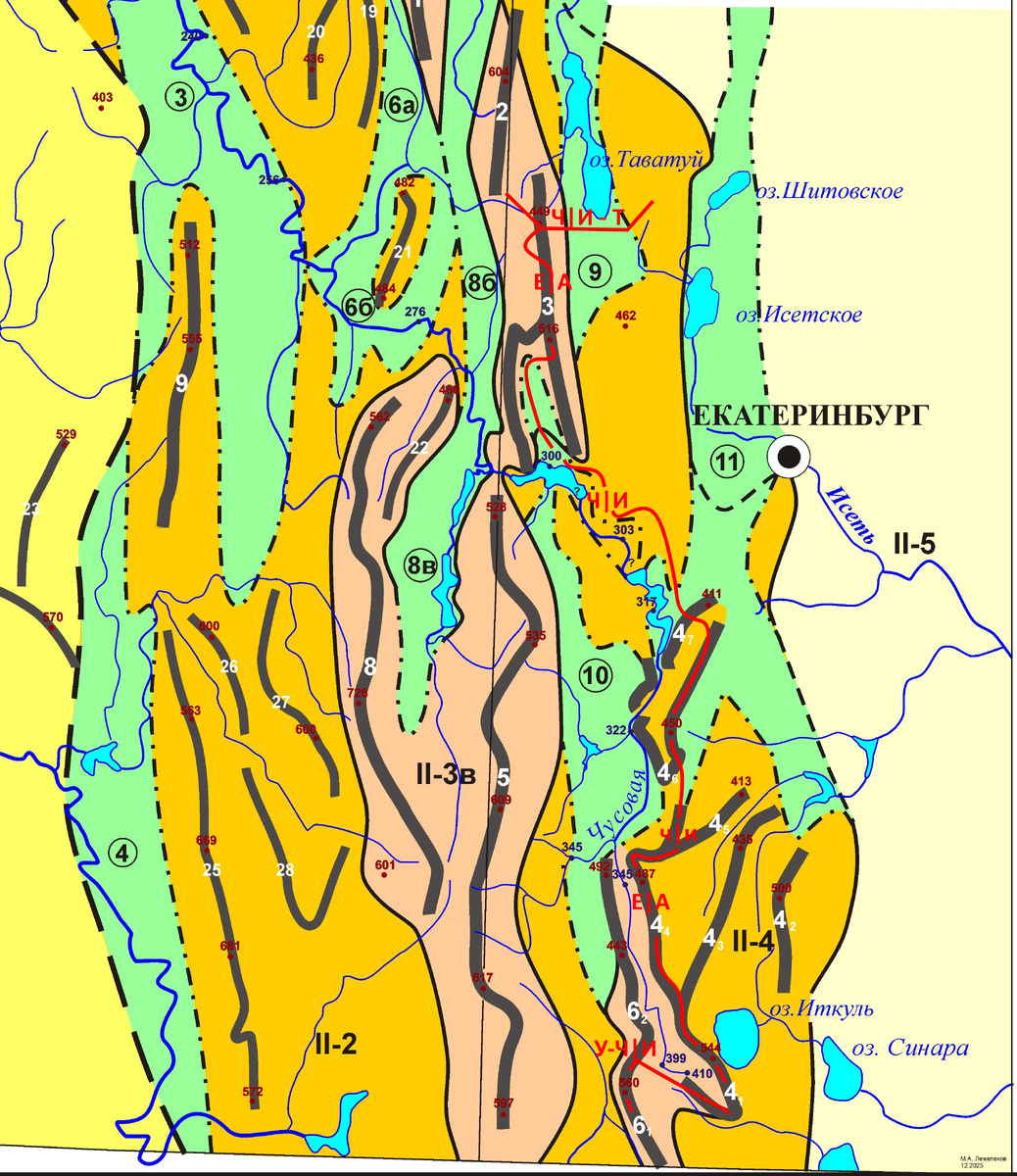 Выкопировка из обзорной геоморфологической схемы Среднего Урала [10]. Район водораздела рек Чусовая | Исеть. Принятое на схеме геоморфологическое районирование: II-2 - Остаточные горы западного склона Урала; II-3в - Остаточные горы осевого хребта в южной части Среднего Урала;  II-4 - Остаточные горы восточного склона Урала; II-5 - Зауральский пенеплен. Водороздел Чусовая - Волга | Исеть - Обь  и граница сторон света Европа | Азия обозначен линией красного цвета с соотвествующими индексами Ч | И , Е | А . Орографические элементы  по номерам (цифры белого цвета):  2 - хр. Перевал, 3-  увал Гребни - Пильная - хр. г.Листвяной - Дедогор, 4 - Каслинско-Сысертский кряж, включающий увалы и холмисто-увалистые гряды: 4-1- Иткульский  (Каслинский), 4-2- Березовый, 4-3-Высокий  4-4- Горновик;, 4-5 - гряда  Маркое Камень, 4-6 - Мраморская гряда и 4-7- гряда Крон; 5- Уфалейско-Ревдинский хребет, 6-1 Маукский хребет и его северное продолжение, 6-2 - Черемшанский увал.  MZ ЭСД: 3 - Чусовская, 4-Сергинско-Уфимская, 6- Шишимо-Билибаевская; 8 -Ивдельско-Тагильская; 9- Невьянская; 10 - Полевская и 11 - Исетская [1, 2, 4]. 