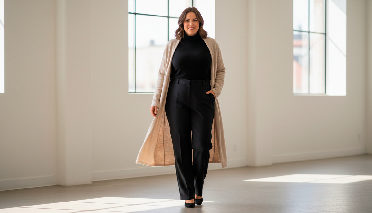 Этот образ демонстрирует главный принцип стройнящего стиля: вертикальные линии + монохром + обозначенная талия. Заправленная водолазка создаёт чёткую линию талии, прямые брюки вытягивают силуэт, а удлинённый кардиган добавляет вертикаль. Обратите внимание на высокую посадку брюк — она визуально удлиняет ноги и поддерживает живот.