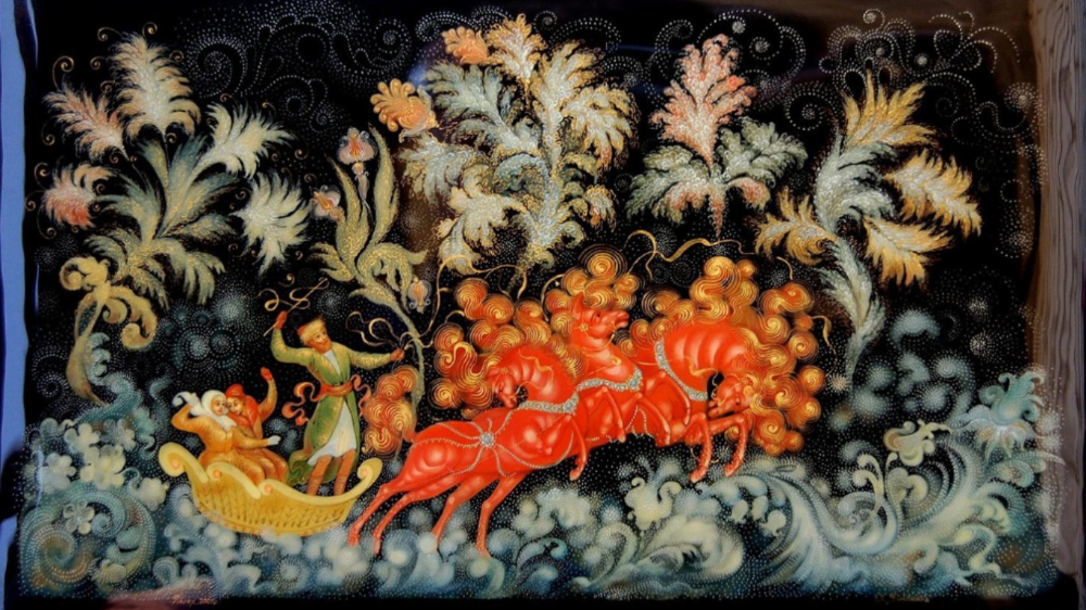 2. Палех. Лаковая миниатюра. Классический сюжет "Тройка".