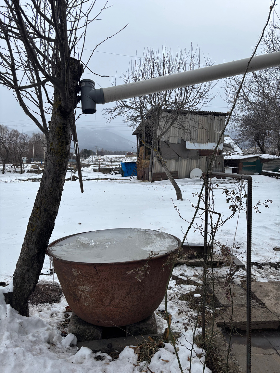 Металлическая чаша с водой, превратившейся в лёд