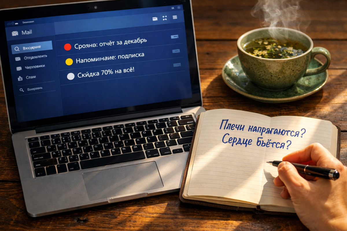 Описание: «Крупный план ноутбука на деревянном столе. На экране почтовый клиент с письмами, помеченными эмодзи: 🔴 у “Срочно: отчёт за декабрь”, 🟡 у “Напоминание: подписка”, ⚪ у “Скидка 70% на всё!”. Рядом открыт блокнот с надписью “Плечи напрягаются? Сердце бьётся?”. Солнечный луч падает на руку, держащую ручку. На заднем плане — чашка травяного чая с паром. Стиль: уютная рабочая фотография, видны текстура дерева и бумаги. Цвета: глубокий синий экрана, тёплый коричневый стола, зелёный акцент чая. Эмоция: сосредоточенность, а не паника».