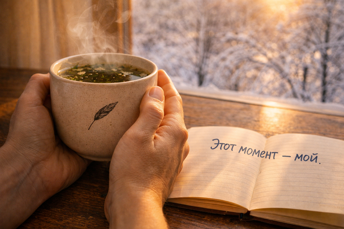 Описание: «Крупный план рук с короткими ногтями, держащих керамическую чашку с чаем. На чашке нарисовано маленькое перо (символ лёгкости). На столе — раскрытый блокнот с надписью “Этот момент — мой”. За окном — январский рассвет, снег на ветках. Естественный свет, никаких гаджетов. Стиль: тёплая домашняя фотография, видны текстура керамики и пара от чая. Цвета: бежевый чашки, золотистый свет, серый снега. Эмоция: присутствие, а не спешка».