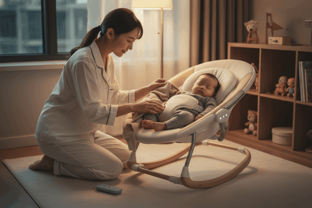    kak kompaktno organizovat detskiy ugolok v malen'koy kvartire idei skhraneniya shezlonga kolyubeli i stulchika dlya ekonomii prostranstva Nuovita