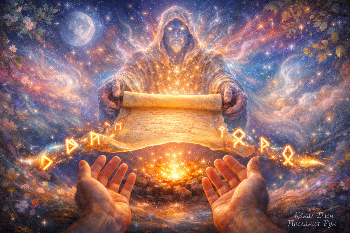 Древний Хранитель Рода протягивает вам светящийся свиток судьбы — рунический расклад на связь с предками, родовую силу и подсказки вашего пути.