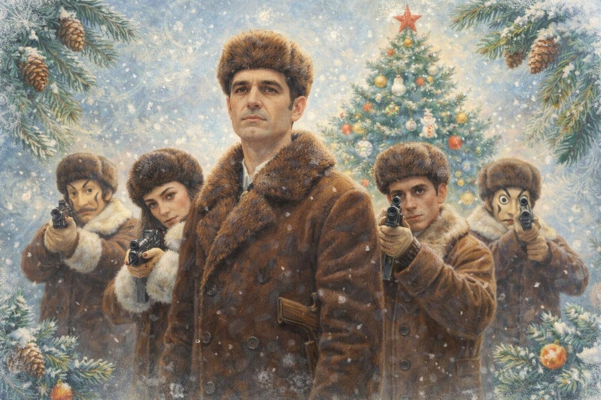 Так могли бы выглядеть герои популярного сериала в Советском Союзе зимой. Фото: кадр из фильма «Бумажный дом»/Нейросеть