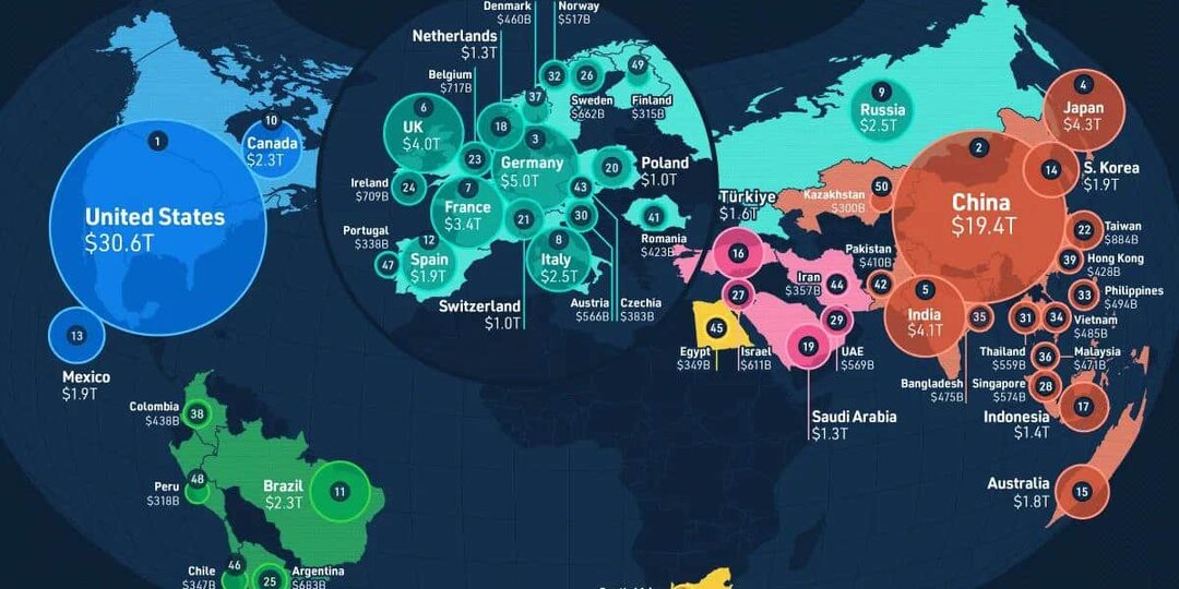 Наглядная экономика мира: топ-50 стран по ВВП на одной карте