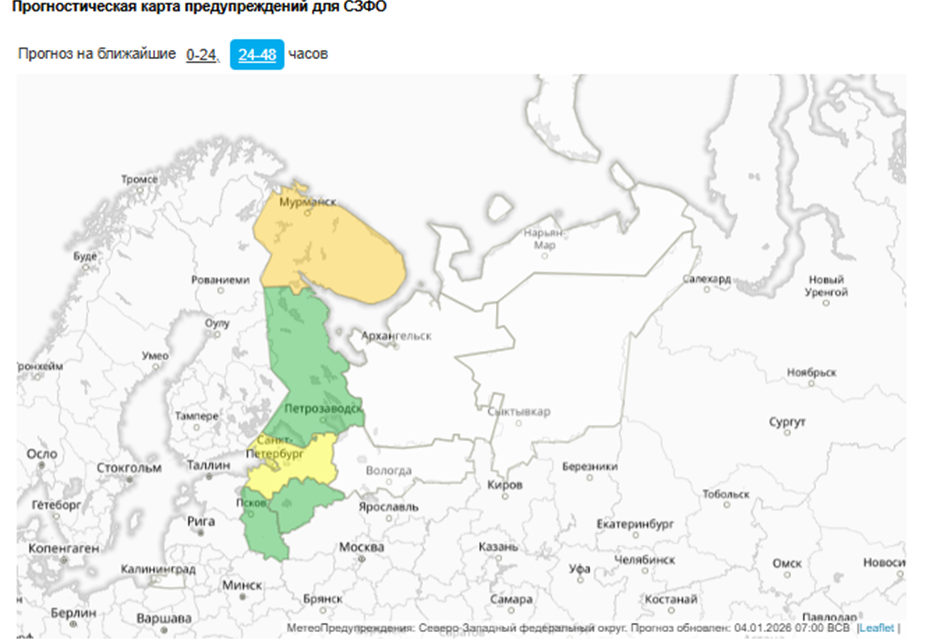   Жёлтый уровень погодной опасности в Петербурге до вечера 5 января. Автор фото: meteoinfo.ru