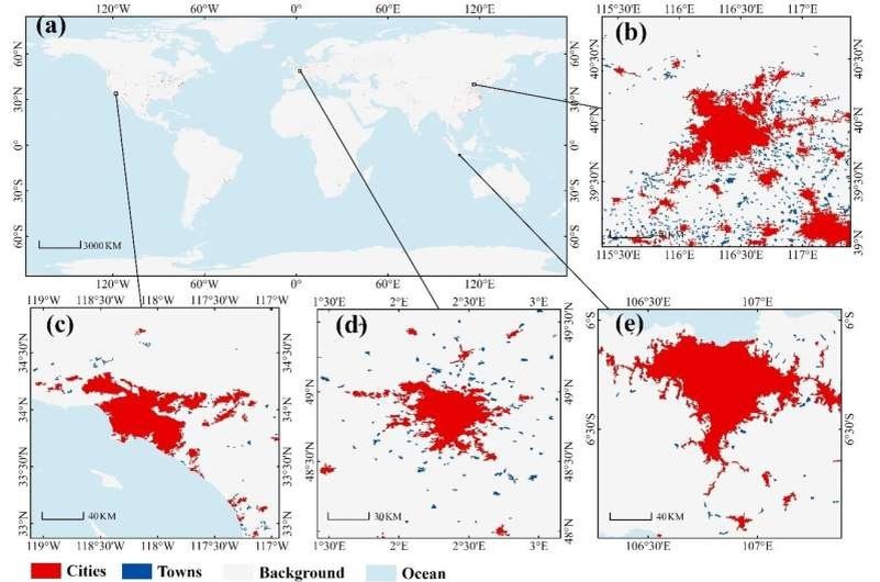    Глобальное распределение городов (красный цвет) и поселков городского типа (синий цвет) в 2022 году с разрешением 30 м (а), со вставками для Пекина–Тяньцзиня – Хэбэя (b), Лос-Анджелеса (c), Парижа (d) и Джакарты (e). Фото: AIRCAS
