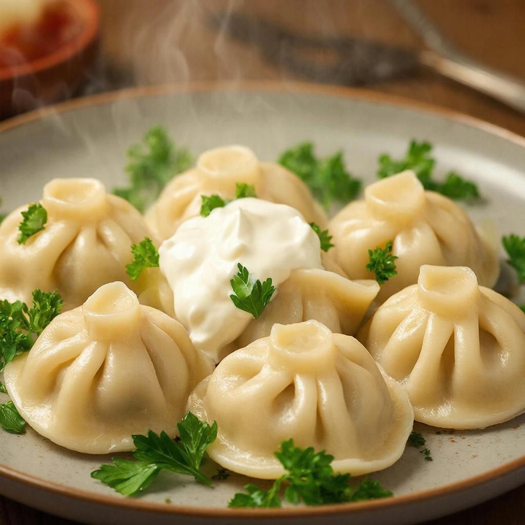 хинкали со сметаной и зеленью петрушки