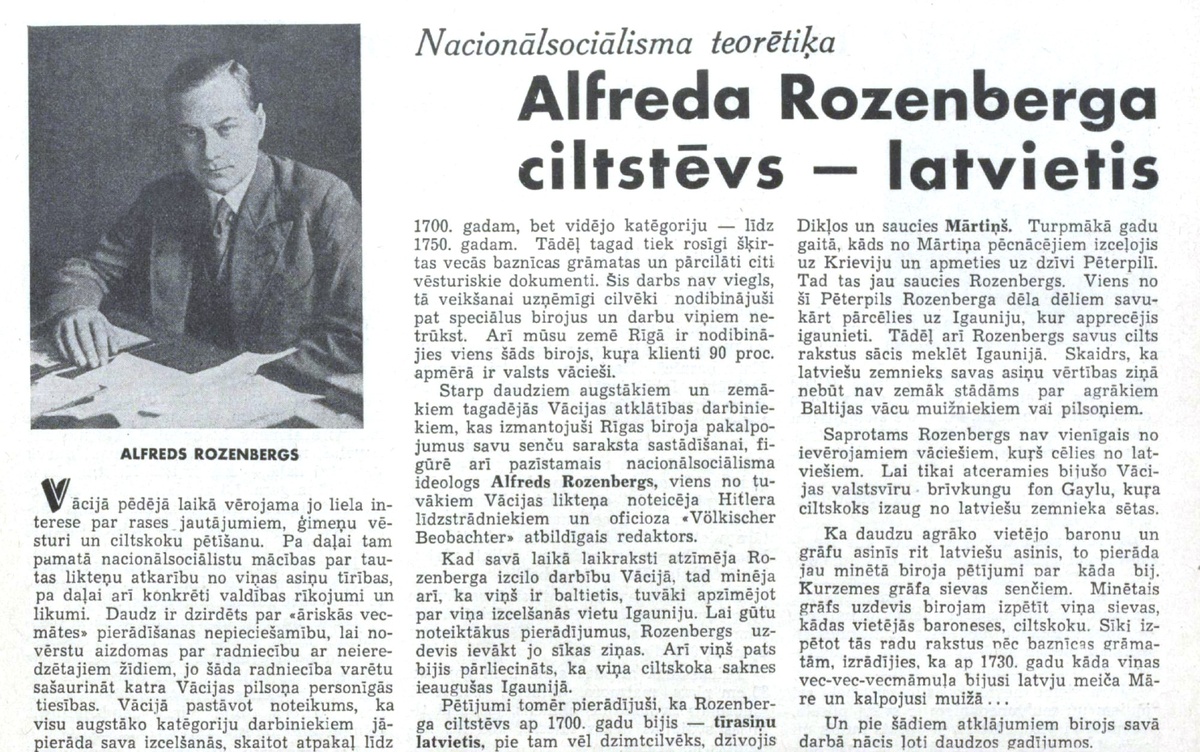Статья «Предок теоретика национал-социализма Альфреда Розенберга – латыш» (Nacionālsociālisma teorētiķa Alfreda Rozenberga ciltstēvs – latvietis).