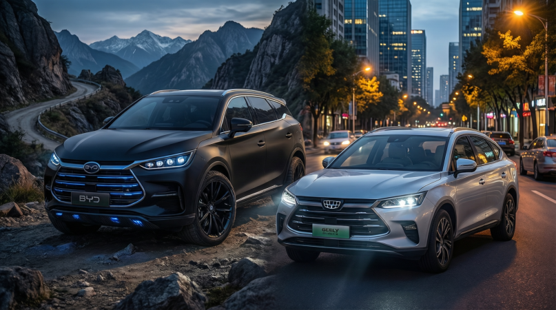 Главный кадр (статичный/слайд): Контрастное бок о бок изображение BYD Tang (крупный, мощный, в агрессивной позе на фоне горной трассы) и Geely Emgrand (элегантный, строгий, в городской вечерней среде). Визуально подчеркнуть разницу в размерах и характере.