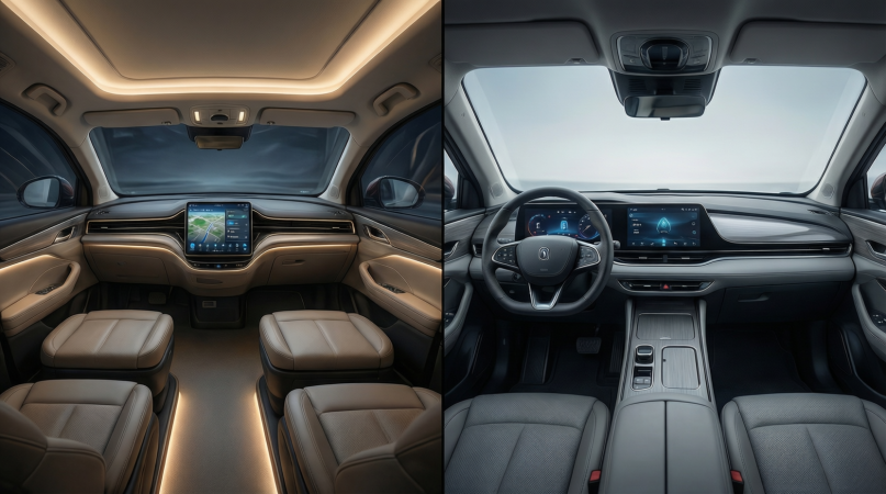 Интерьер и технологии: Сплит-скрин. Слева — просторный трехрядный салон Tang с работающим поворотным экраном и ambient-подсветкой. Справа — аккуратный, driver-oriented кокпит Emgrand с качественной отделкой.