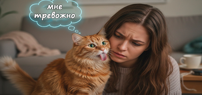 Тревога. Кошка лижет руги хозяина