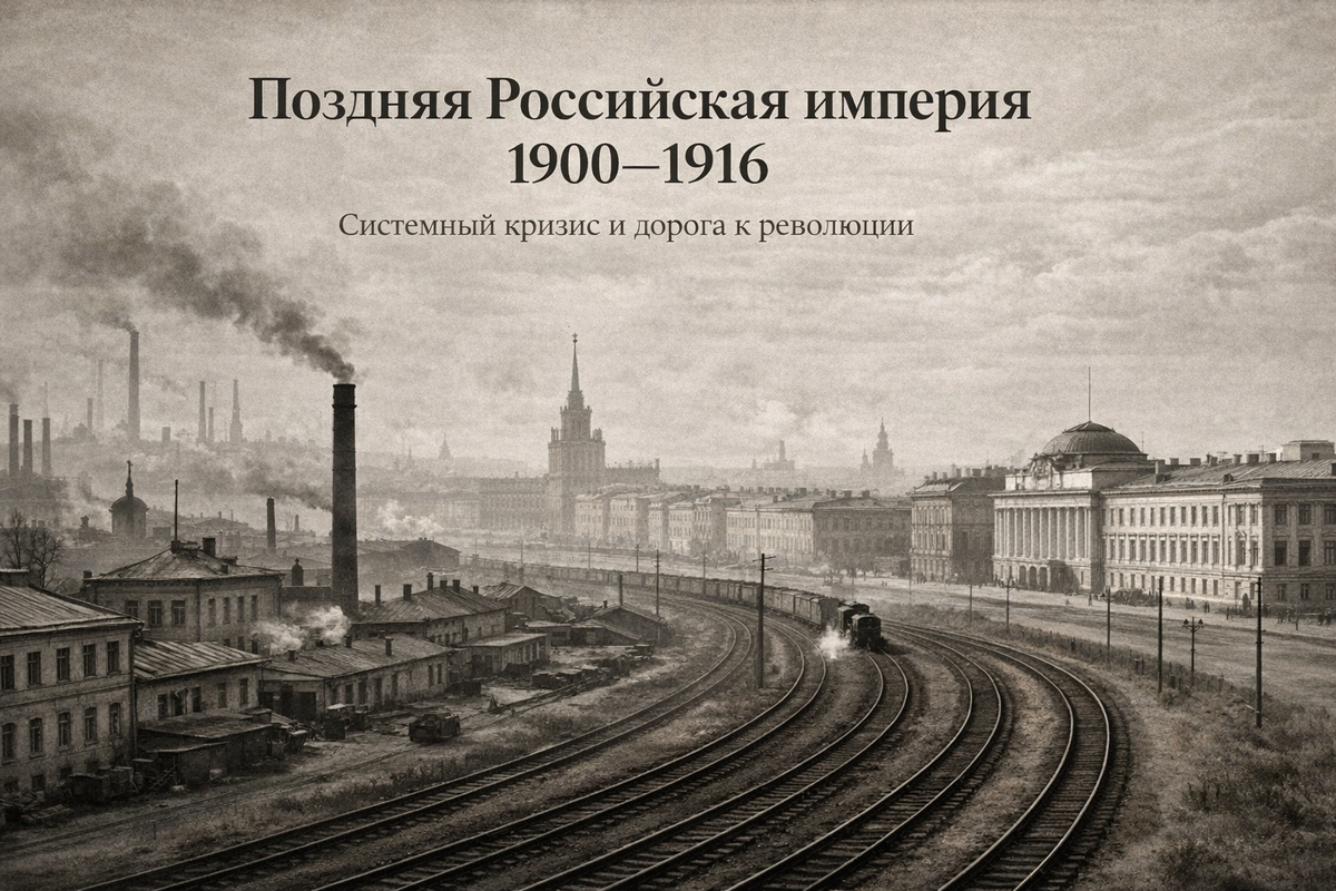 Индустриальный городской пейзаж поздней Российской империи начала XX века: железнодорожные пути, заводские трубы с дымом, застройка крупного города и транспортная инфраструктура на фоне пасмурного неба как визуальный образ системного кризиса и модернизационного напряжения накануне революции