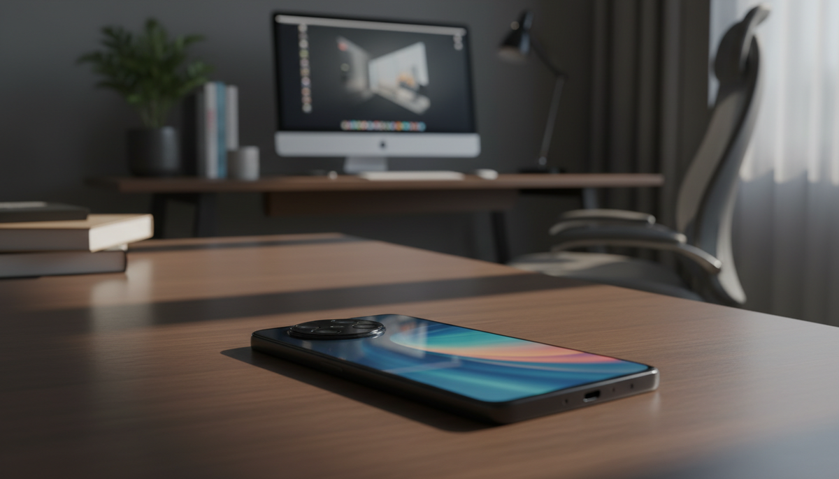 Стильный и современный смартфон Xiaomi 15T Pro занимает видное место на переднем плане на фоне элегантного домашнего офиса. Устройство выполнено в черном цвете и оснащено потрясающим объективом 50-мегапиксельной камеры, видимым на задней панели, и дисплеем из цельного стекла на передней панели, демонстрирующим яркие визуальные эффекты. Теплое и привлекательное освещение создает мягкие тени, которые подчеркивают плавные линии телефона. Едва заметное отражение на полированной поверхности придает телефону изысканности. Композиция снята с небольшим наклоном, что подчеркивает статус телефона как флагманского устройства. Атмосфера здесь профессиональная и в то же время модная, привлекательная для любителей высоких технологий. На изображении нет текста, водяных знаков или других отвлекающих факторов.