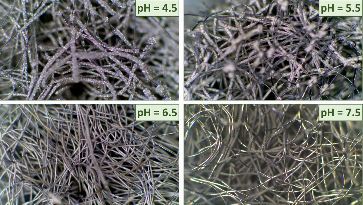 Рисунок 1 – Покрытие висмута на углеродном фетре при различных значениях рН (увеличение 125х)