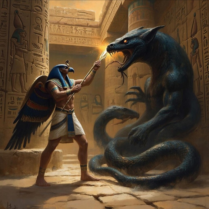 Бог Ра сражается с монстром.
