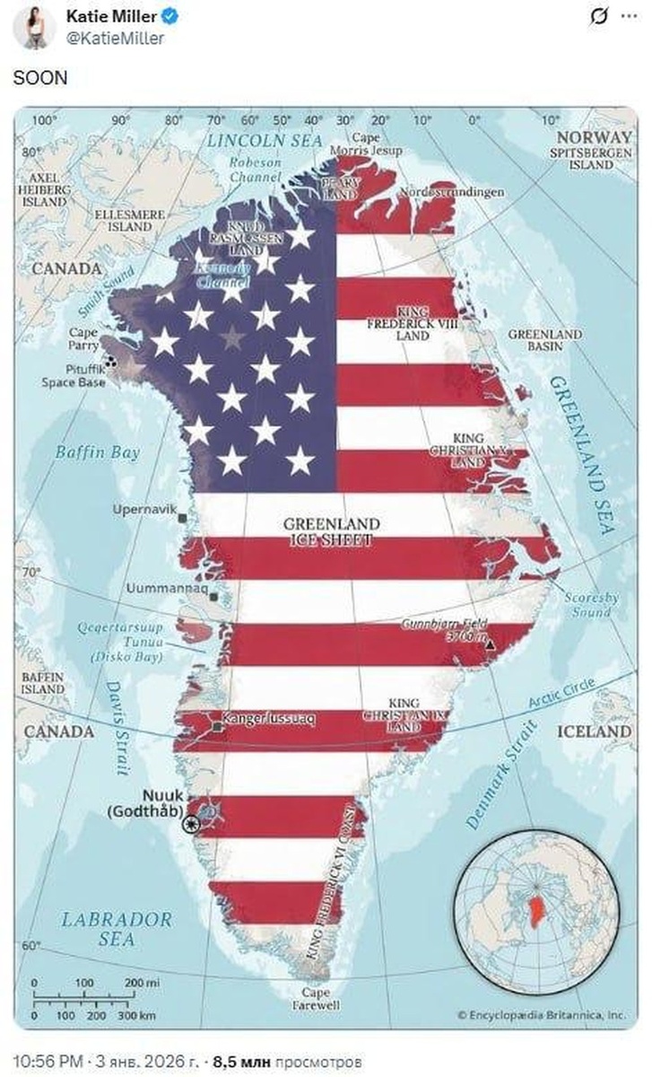    Жена советника Трампа опубликовала карту Гренландии в цветах флага США