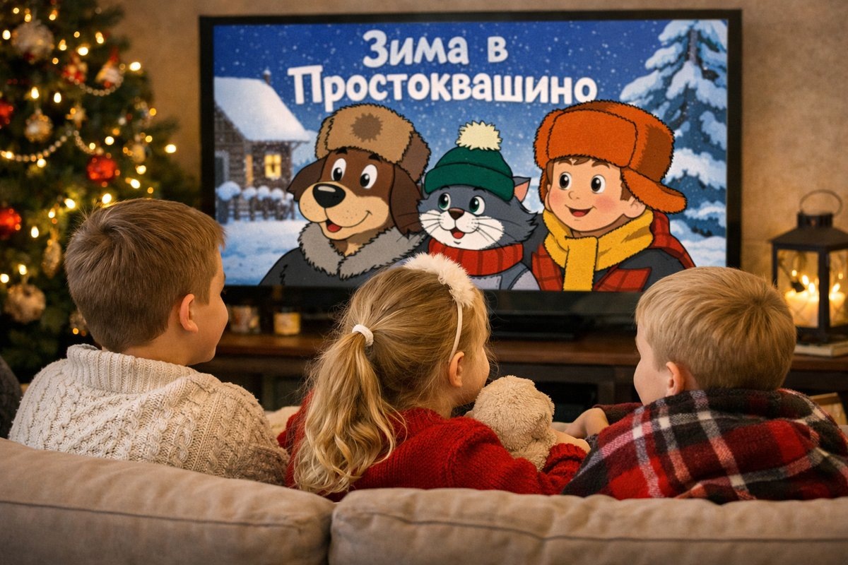 Дети смотрят мультфильм Зима в Простоквашино