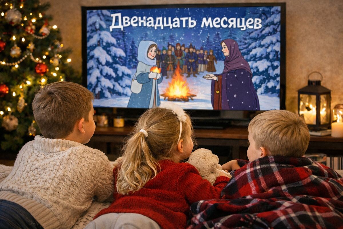 Дети смотрят мультфильм Двенадцать месяцев