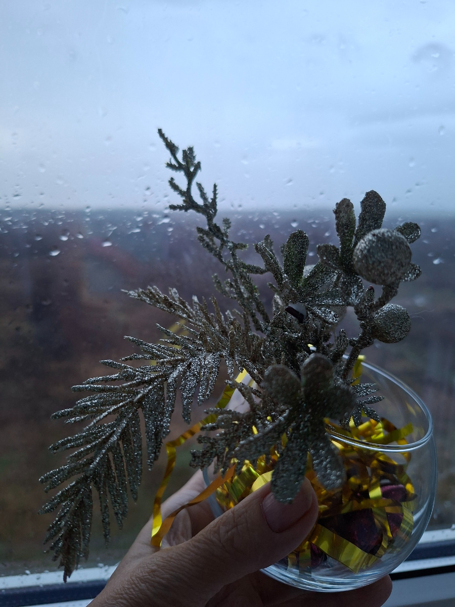 Развлекаюсь. фотографируя новогодний декор на фоне нашего дождя.