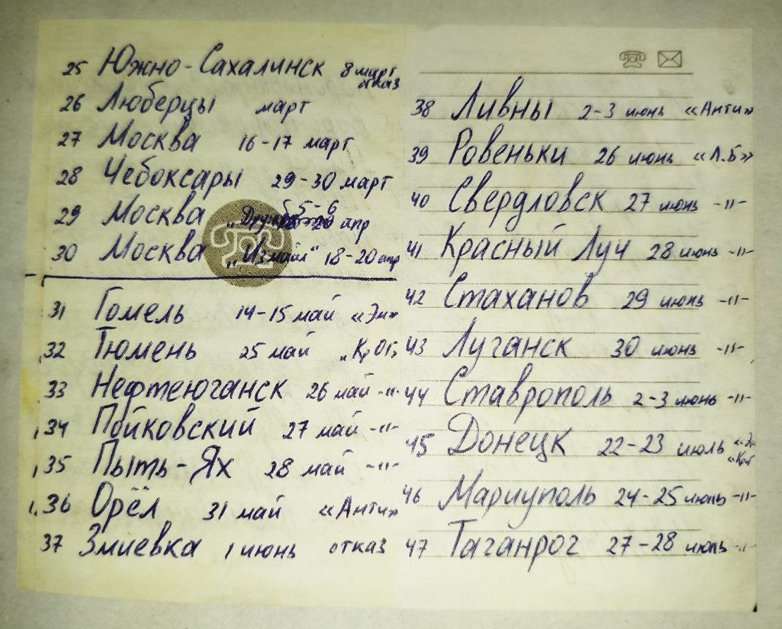 Гастрольный график, который вёл Юрий Хой (личное фото)