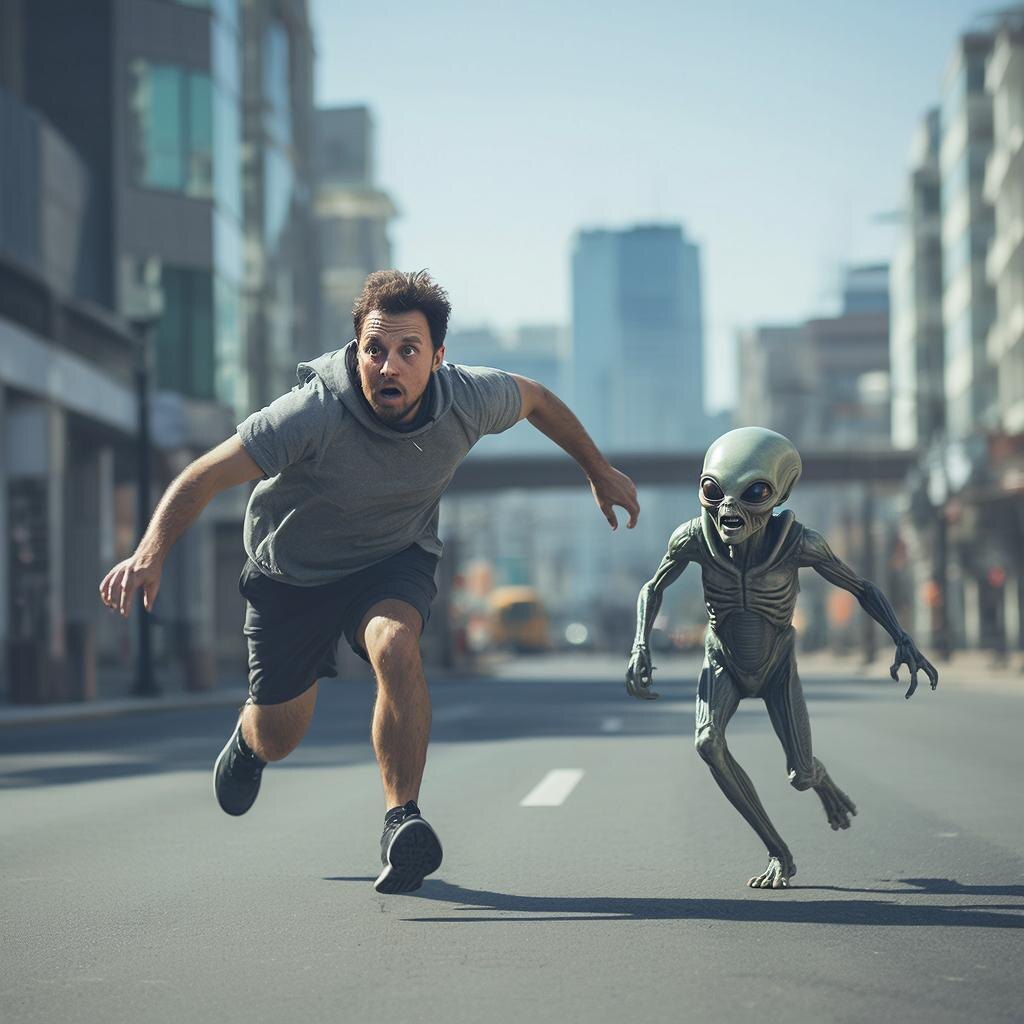 Пришелец бежит за человеком