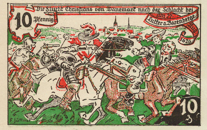 Нотгельд города Луттер/Беренберге, 10 пфеннигов 1920. Разгром армии датского короля Кристиана IV Католической лигой под командованием Тилли, в битве при Луттере 27.8.1626 года. 