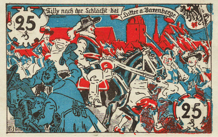 Нотгельд города Луттер/Беренберге, 25 пфеннигов 1920. Командующий Тилли въезжает в Луттер со всеми лаврами победителя.