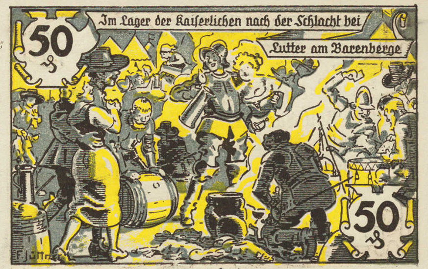 Нотгельд города Луттер/Беренберге, 50 пфеннигов 1920. Празднование победы в лагере Тилли после битвы при Луттере. Пьянство, азартные игры и разврат.